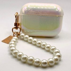 Earphone case, rainbow holographic with faux pearl wristlet, Fits AirPod Pros